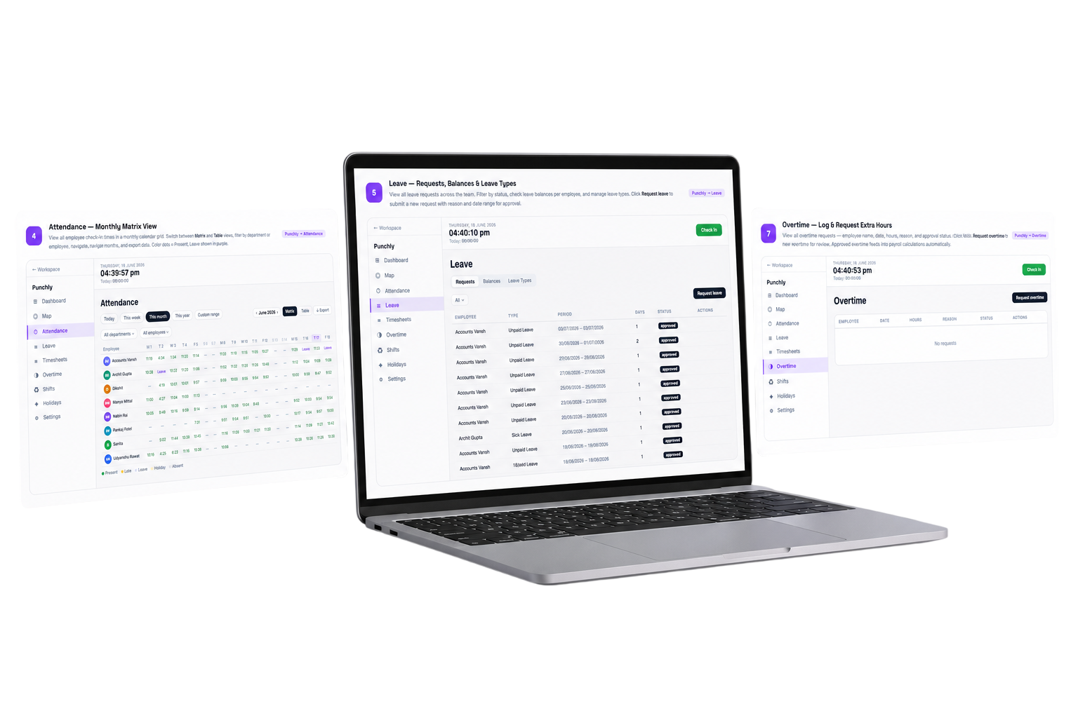Oqlio dashboard — attendance, leave, and overtime views