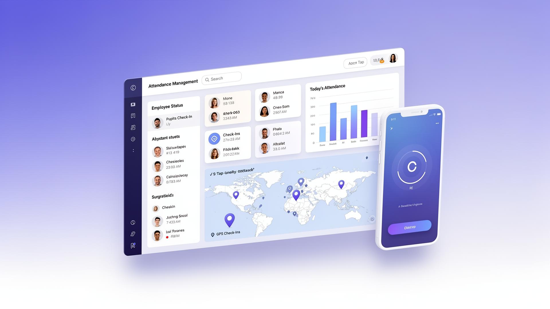Punchly attendance management dashboard with live employee status, GPS map, and today's attendance chart